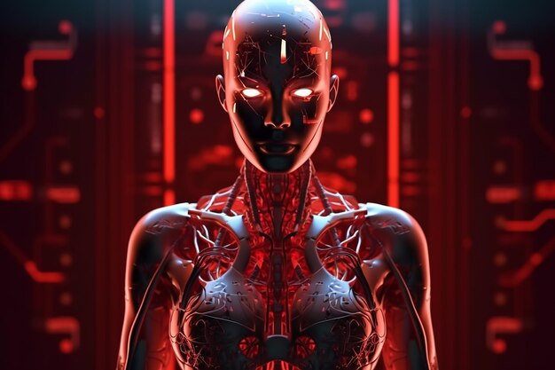 A woman with a red glowing face and a red glowing skeleton