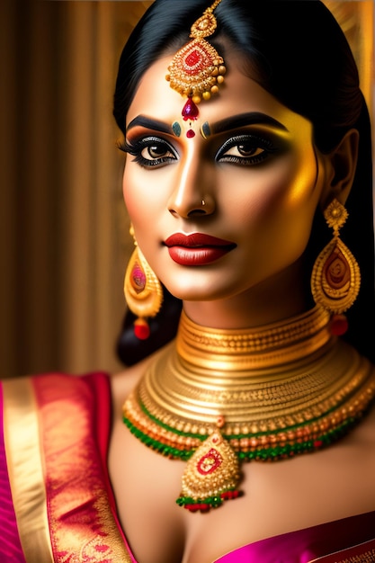 A woman with a red and gold necklace