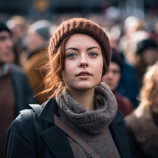 a woman with red hair and a beanie is standing in front of a crowd