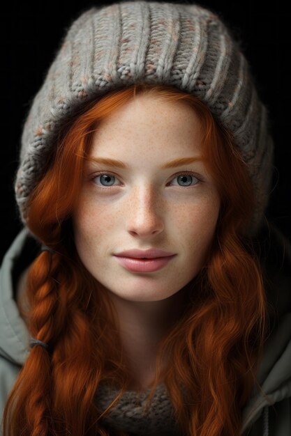 A woman with red hair and a beanie