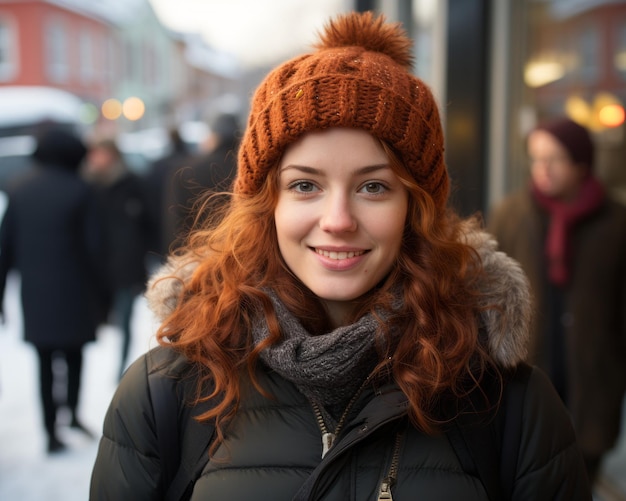 a woman with red hair and a beanie