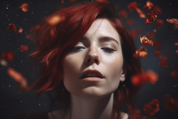 A woman with red hair and a black background with leaves floating in the air.