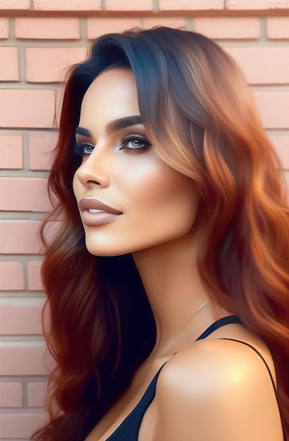 A woman with red hair and a black dress stands against a brick wall