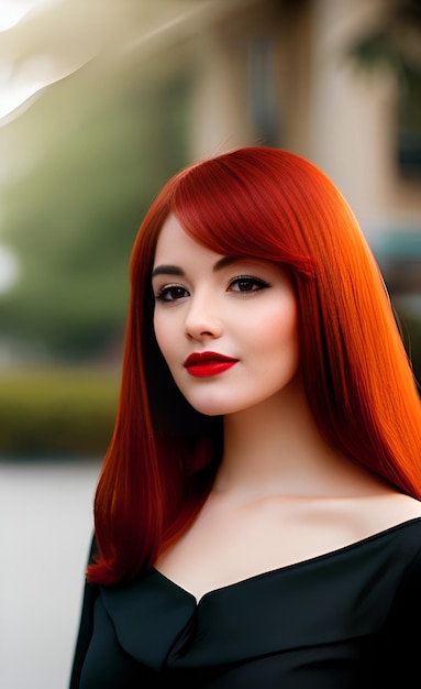 A woman with red hair and a black dress