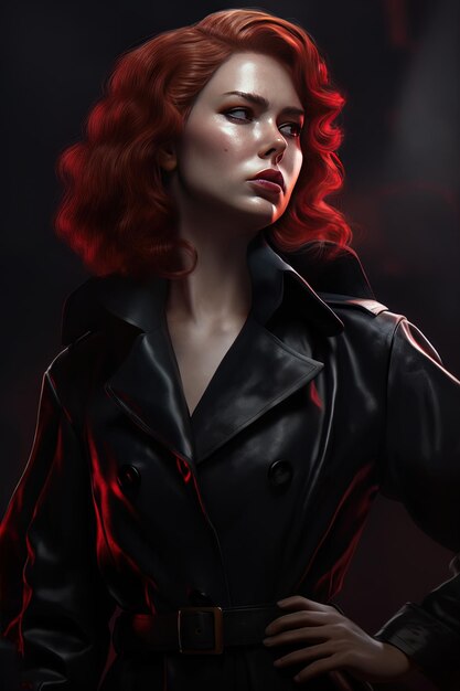 a woman with red hair and a black jacket is standing in front of a black background