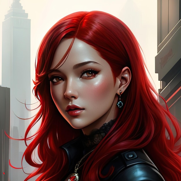 A woman with red hair and a black jacket is standing in front of a cityscape.