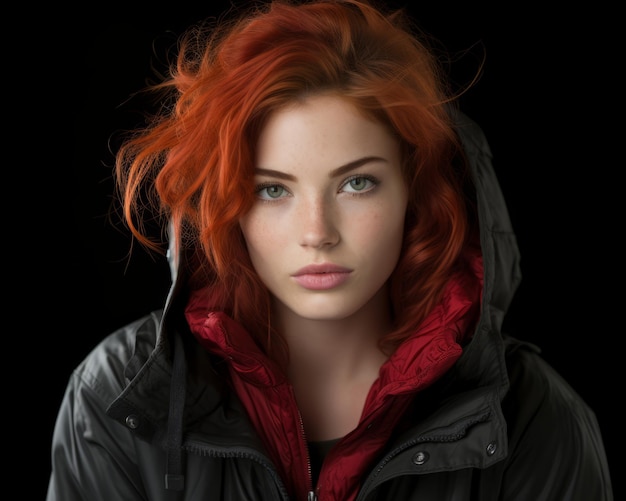 a woman with red hair in a black jacket