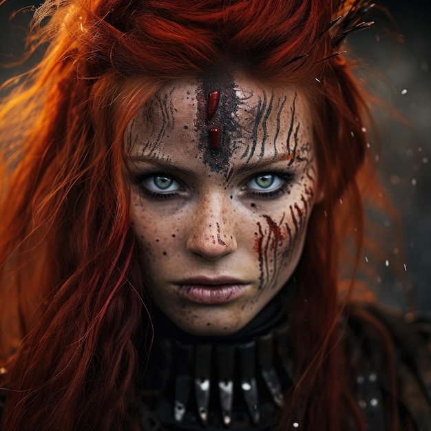 a woman with red hair and black paint on her face