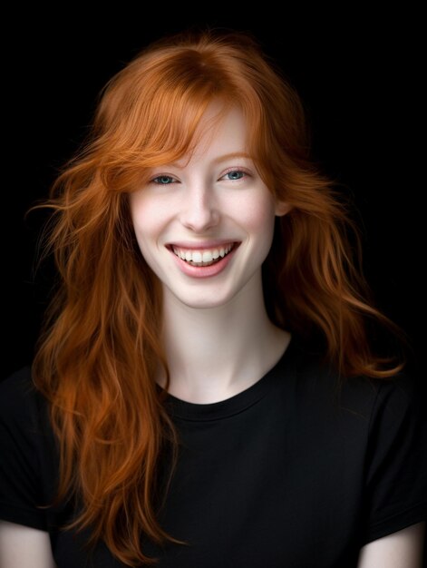 a woman with red hair and a black shirt that says " i love red ".