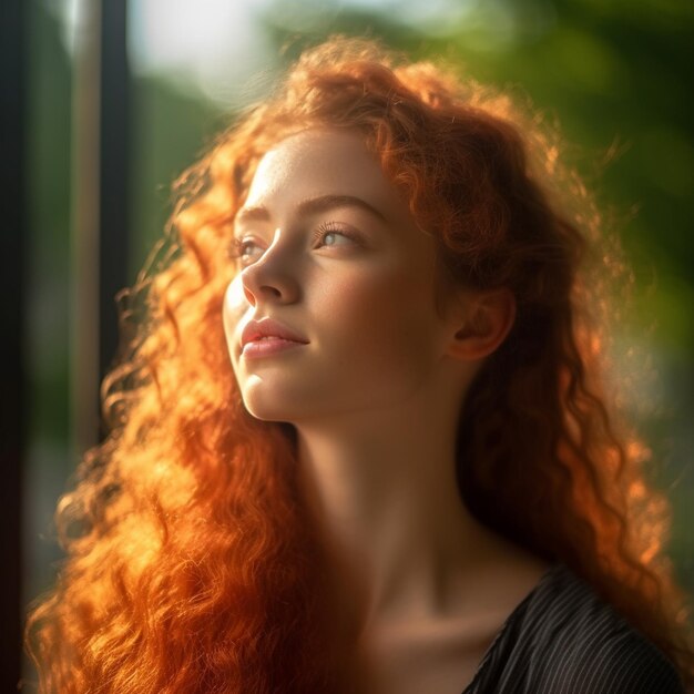 a woman with red hair and a black top looks out the window.