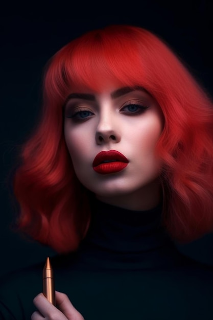 A woman with red hair and a black turtleneck