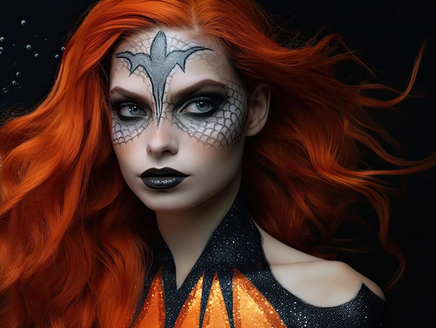 A woman with red hair and a black and white face painting.