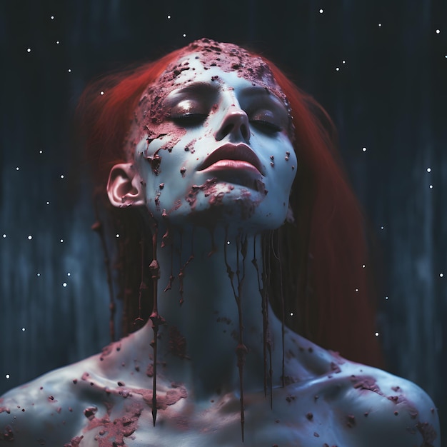 A woman with red hair and blood splattered on her face.