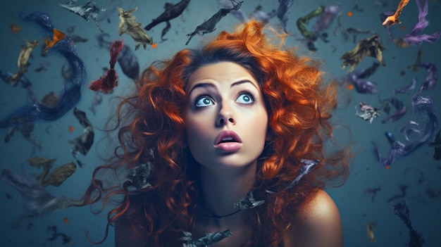 A woman with red hair and a blue background with birds on it