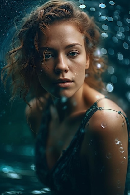 A woman with red hair and a blue background with bubbles in the water