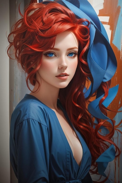 Женщина с рыжими волосами и в синем платье с синим поясом.