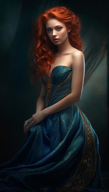 A woman with red hair in a blue dress