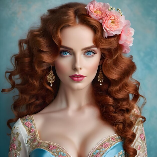 Photo a woman with red hair and a blue eye and a flower in her hair