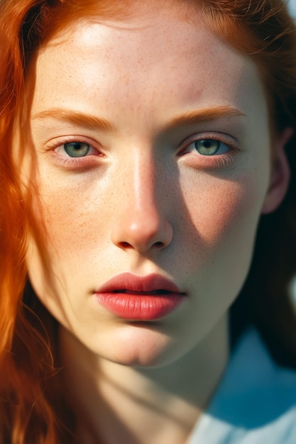 Woman with red hair and blue eyes is looking at the camera Generative AI