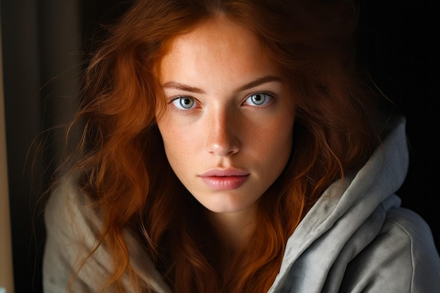 Женщина с рыжими волосами и голубыми глазами смотрит в камеру.