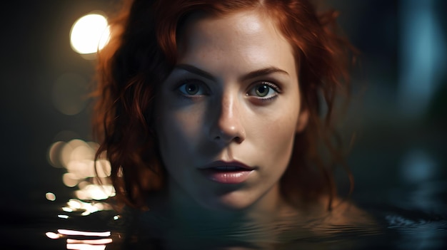 A woman with red hair and a blue eyes is in a pool with lights behind her.