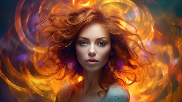 A woman with red hair and blue eyes is shown in a fantasy image.