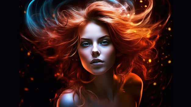 A woman with red hair and blue eyes is shown in this illustration.