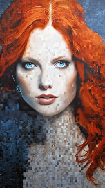 A woman with red hair and blue eyes is shown with a mosaic pattern.