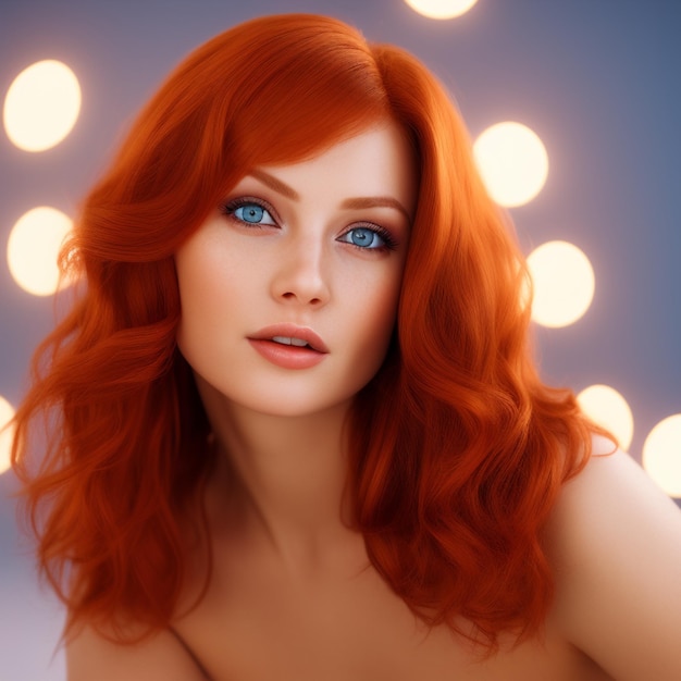 A woman with red hair and blue eyes looks at the camera.