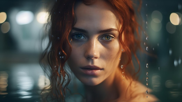 A woman with red hair and blue eyes looks into the camera.