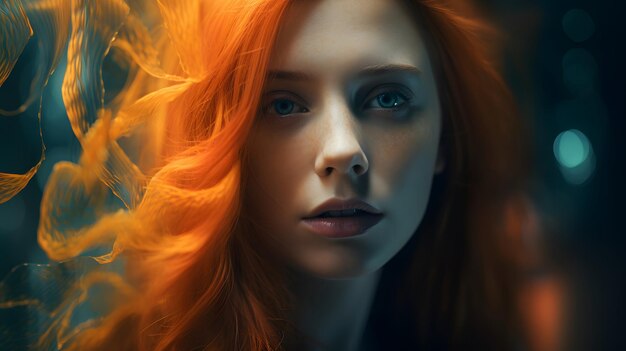 A woman with red hair and a blue eyes looks into the camera.