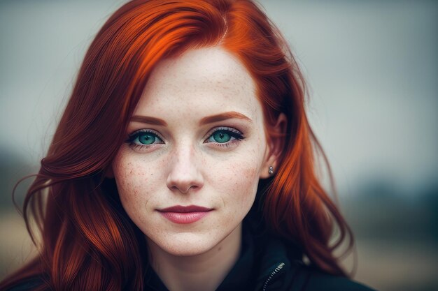 A woman with red hair and blue eyes looks into the camera.