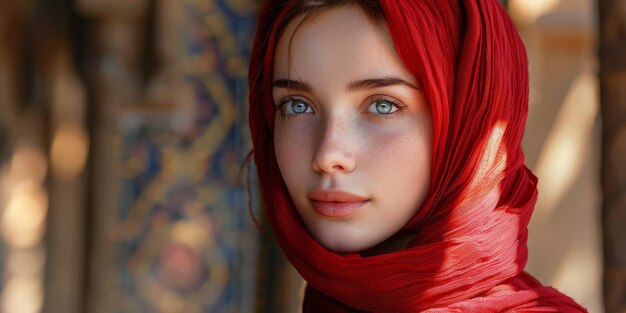 Женщина с рыжими волосами и голубыми глазами в красном шарфе