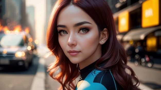 A woman with red hair and blue eyes stands on a city street.