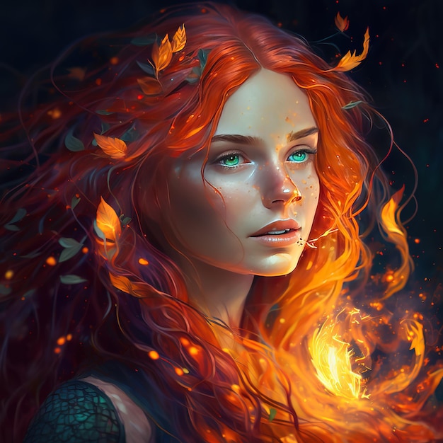 Photo a woman with red hair and blue eyes with fire in her eyes