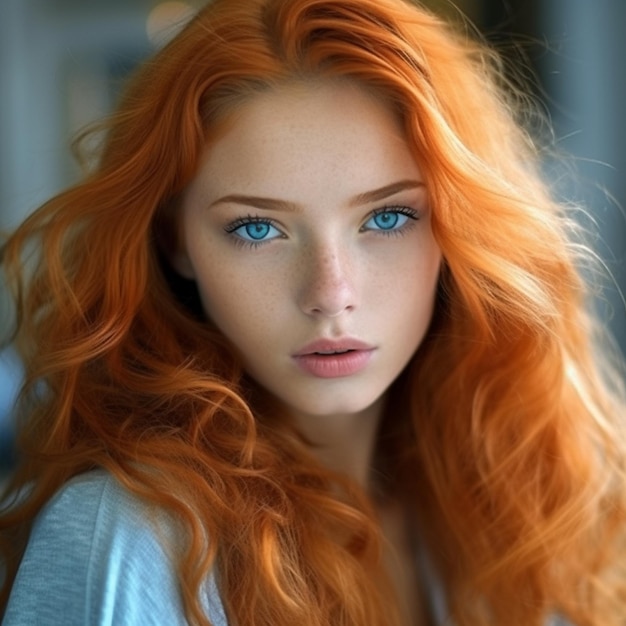 a woman with red hair and blue eyes