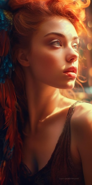 A woman with red hair and a blue feather in her hair