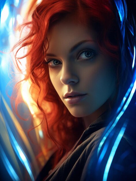 a woman with red hair and blue lights