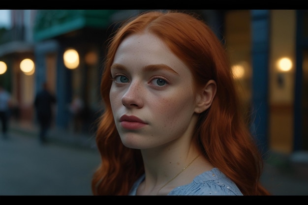 Photo a woman with red hair and a blue shirt is standing in front of a building