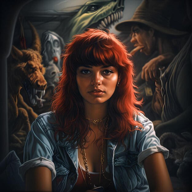 A woman with red hair and a blue shirt is standing in front of a painting of a monster.