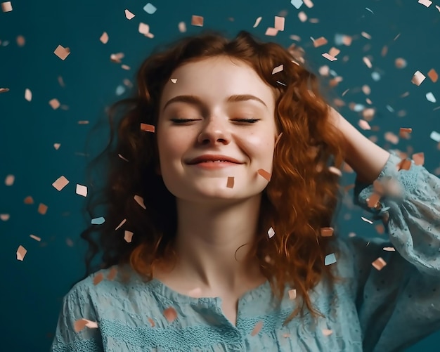 A woman with red hair and a blue shirt is surrounded by confetti.