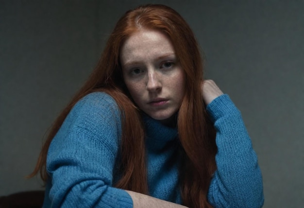 a woman with red hair and blue sweater sits in front of a gray background