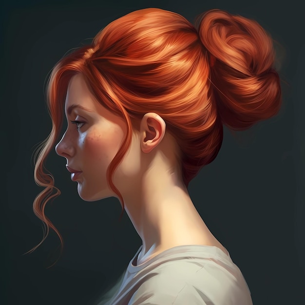 Photo a woman with red hair and a bun is looking to the left ai generative