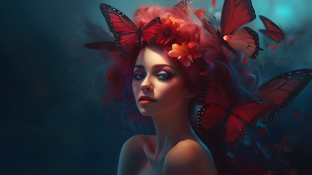 A woman with red hair and butterflies on her head