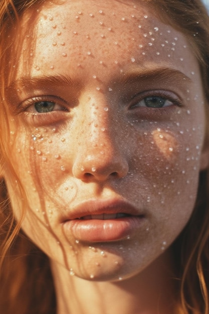 A woman with red hair and a clear face with glitter on her face.