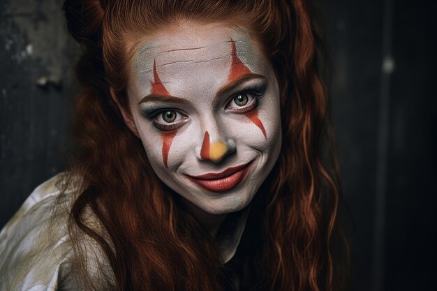 a woman with red hair and a clown face holding a knife