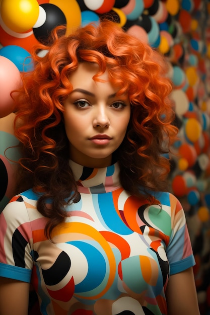 Foto donna con i capelli rossi e un vestito colorato che posa per la foto ai generativa