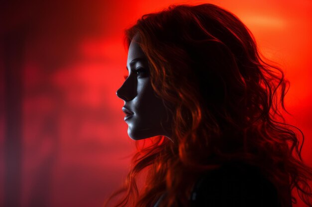 a woman with red hair in the dark