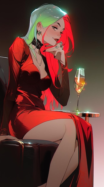 A woman with red hair drinking a glass of champagne