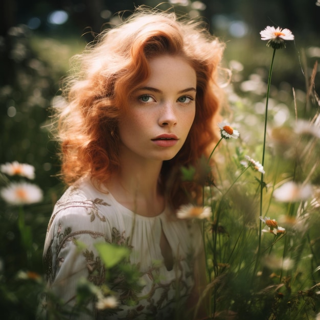 a woman with red hair in a field of daisies